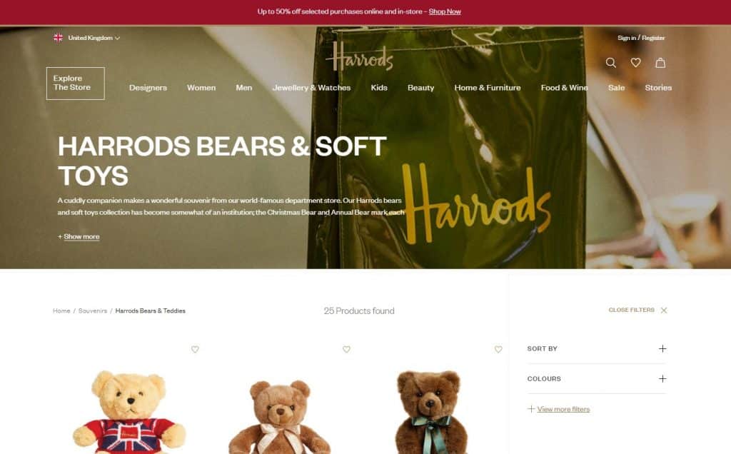 screenshot from the main website of harrods.com