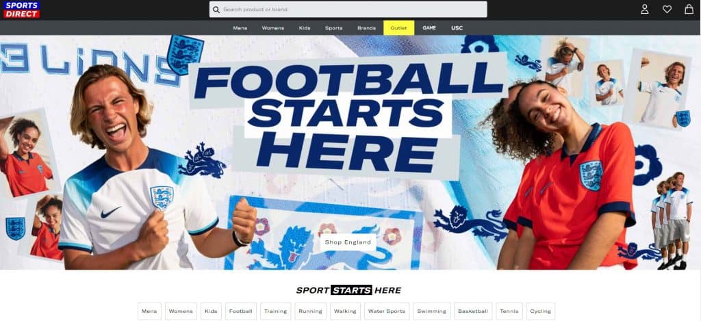 screenshot from the main website of SportsDirect